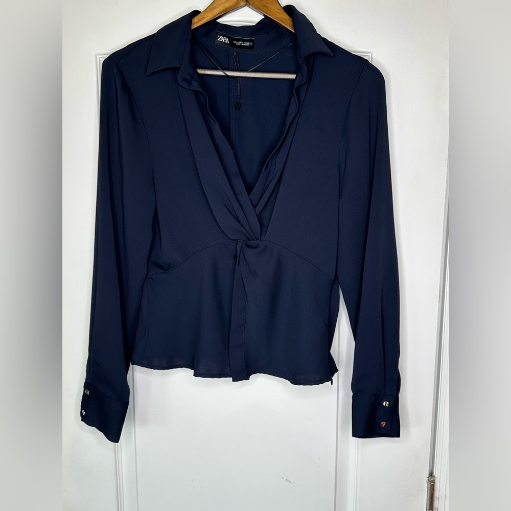 Zara Deep Blue Women's Blouse With Twist Front Detail
